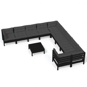 11-tlg. Garten-Lounge-Set mit Kissen Schwarz Kiefernholz