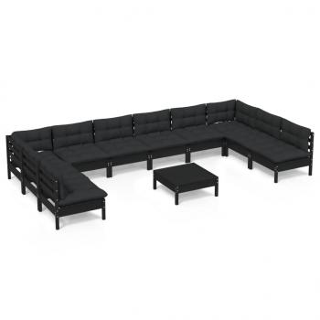 11-tlg. Garten-Lounge-Set mit Kissen Schwarz Kiefer Massivholz