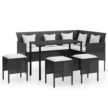 5-tlg. Sofagarnitur in L-Form mit Kissen Poly Rattan Schwarz