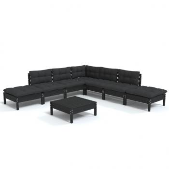 8-tlg. Garten-Lounge-Set mit Kissen Schwarz Kiefernholz