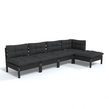 5-tlg. Garten-Lounge-Set mit Kissen Schwarz Kiefernholz