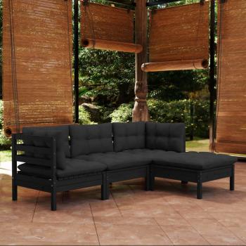 ARDEBO.de - 4-tlg. Garten-Lounge-Set mit Kissen Schwarz Kiefernholz