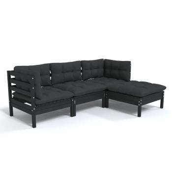 4-tlg. Garten-Lounge-Set mit Kissen Schwarz Kiefernholz