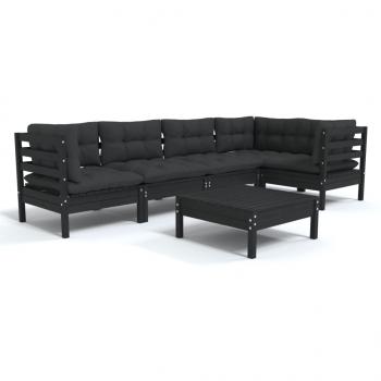 6-tlg. Garten-Lounge-Set mit Kissen Schwarz Kiefernholz