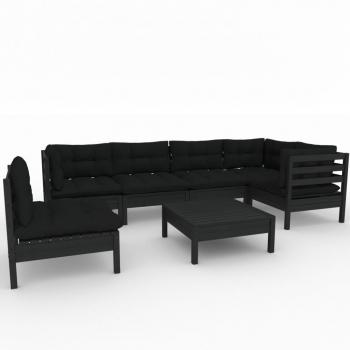 7-tlg. Garten-Lounge-Set mit Kissen Schwarz Kiefernholz