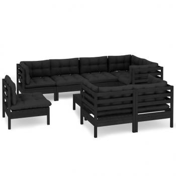 9-tlg. Garten-Lounge-Set mit Kissen Schwarz Massivholz Kiefer