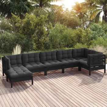 ARDEBO.de - 7-tlg. Garten-Lounge-Set mit Kissen Schwarz Massivholz Kiefer