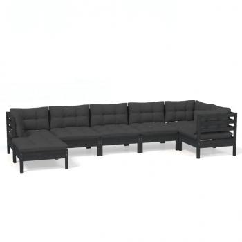 7-tlg. Garten-Lounge-Set mit Kissen Schwarz Massivholz Kiefer