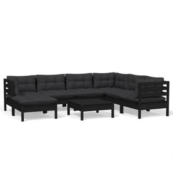 8-tlg. Garten-Lounge-Set mit Kissen Schwarz Kiefer Massivholz