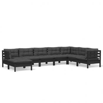 8-tlg. Garten-Lounge-Set mit Kissen Schwarz Massivholz Kiefer