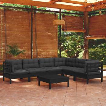 ARDEBO.de - 7-tlg. Garten-Lounge-Set mit Kissen Schwarz Massivholz Kiefer