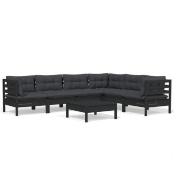 7-tlg. Garten-Lounge-Set mit Kissen Schwarz Massivholz Kiefer