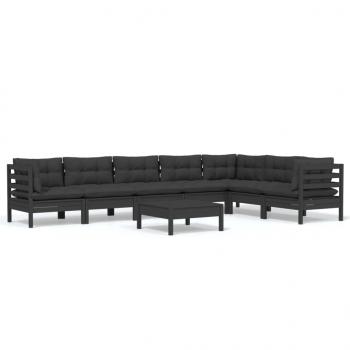 8-tlg. Garten-Lounge-Set mit Kissen Schwarz Massivholz Kiefer