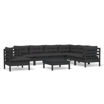 8-tlg. Garten-Lounge-Set mit Kissen Schwarz Massivholz Kiefer