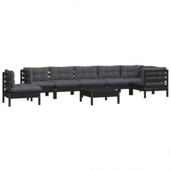 9-tlg. Garten-Lounge-Set mit Kissen Schwarz Massivholz Kiefer