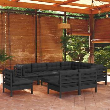 ARDEBO.de - 10-tlg. Garten-Lounge-Set mit Kissen Schwarz Massivholz Kiefer