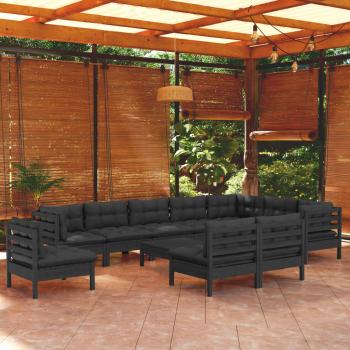 ARDEBO.de - 11-tlg. Garten-Lounge-Set mit Kissen Schwarz Massivholz Kiefer