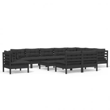 11-tlg. Garten-Lounge-Set mit Kissen Schwarz Massivholz Kiefer