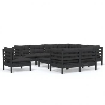 10-tlg. Garten-Lounge-Set mit Kissen Schwarz Massivholz Kiefer