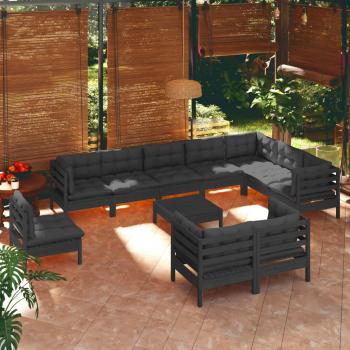 ARDEBO.de - 11-tlg. Garten-Lounge-Set mit Kissen Schwarz Massivholz Kiefer