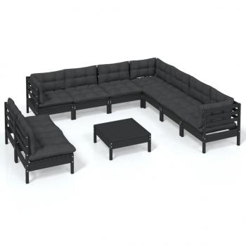 10-tlg. Garten-Lounge-Set mit Kissen Schwarz Massivholz Kiefer