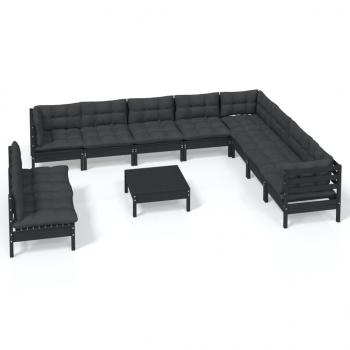 11-tlg. Garten-Lounge-Set mit Kissen Schwarz Massivholz Kiefer