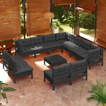 ARDEBO.de - 12-tlg. Garten-Lounge-Set mit Kissen Schwarz Massivholz Kiefer