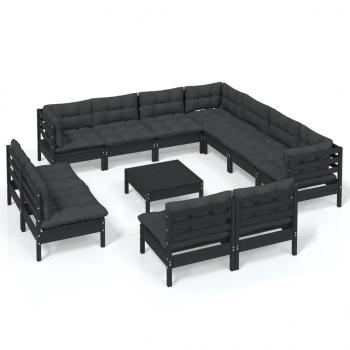 12-tlg. Garten-Lounge-Set mit Kissen Schwarz Massivholz Kiefer