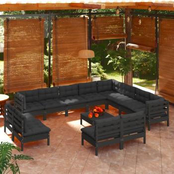 ARDEBO.de - 13-tlg. Garten-Lounge-Set mit Kissen Schwarz Massivholz Kiefer