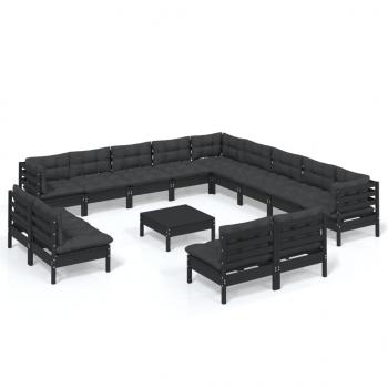 14-tlg. Garten-Lounge-Set mit Kissen Schwarz Massivholz Kiefer