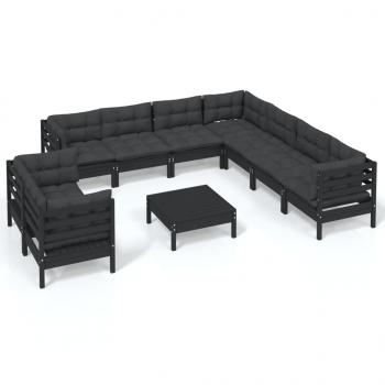 10-tlg. Garten-Lounge-Set mit Kissen Schwarz Massivholz Kiefer