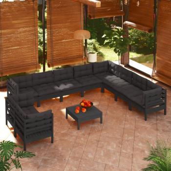 ARDEBO.de - 11-tlg. Garten-Lounge-Set mit Kissen Schwarz Massivholz Kiefer