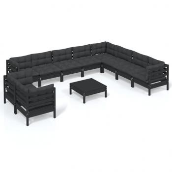 11-tlg. Garten-Lounge-Set mit Kissen Schwarz Massivholz Kiefer