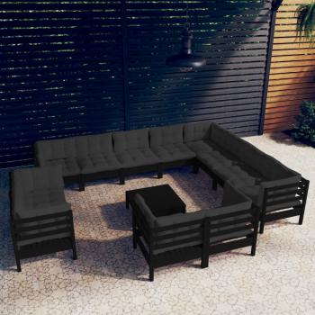 ARDEBO.de - 13-tlg. Garten-Lounge-Set mit Kissen Schwarz Massivholz Kiefer