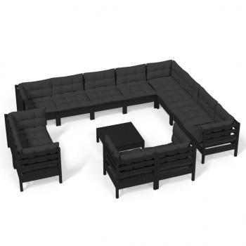 13-tlg. Garten-Lounge-Set mit Kissen Schwarz Massivholz Kiefer