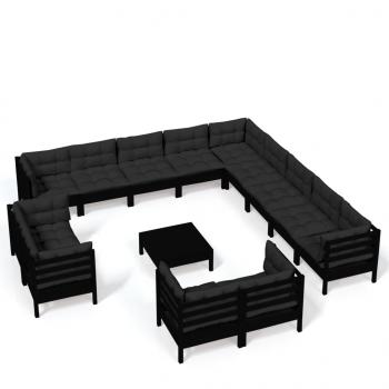 14-tlg. Garten-Lounge-Set mit Kissen Schwarz Massivholz Kiefer