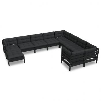 10-tlg. Garten-Lounge-Set mit Kissen Schwarz Kiefernholz