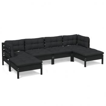 6-tlg. Garten-Lounge-Set mit Kissen Schwarz Kiefernholz