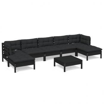 8-tlg. Garten-Lounge-Set mit Kissen Schwarz Kiefernholz