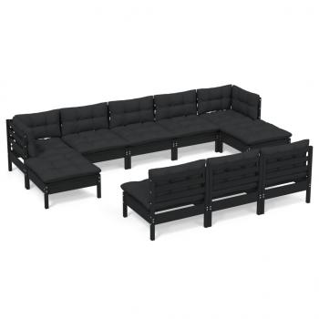 10-tlg. Garten-Lounge-Set mit Kissen Schwarz Kiefernholz