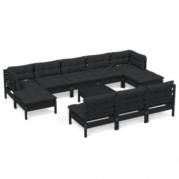 11-tlg. Garten-Lounge-Set mit Kissen Schwarz Kiefernholz