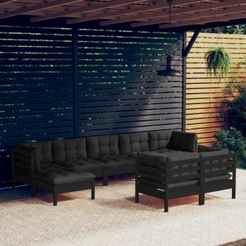 ARDEBO.de - 9-tlg. Garten-Lounge-Set mit Kissen Schwarz Kiefer Massivholz