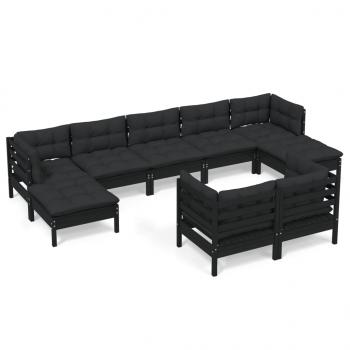 9-tlg. Garten-Lounge-Set mit Kissen Schwarz Kiefer Massivholz