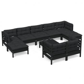 10-tlg. Garten-Lounge-Set mit Kissen Schwarz Kiefer Massivholz