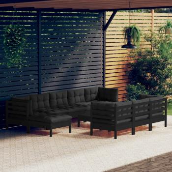 ARDEBO.de - 11-tlg. Garten-Lounge-Set mit Kissen Schwarz Kiefer Massivholz