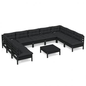 10-tlg. Garten-Lounge-Set mit Kissen Schwarz Massivholz Kiefer