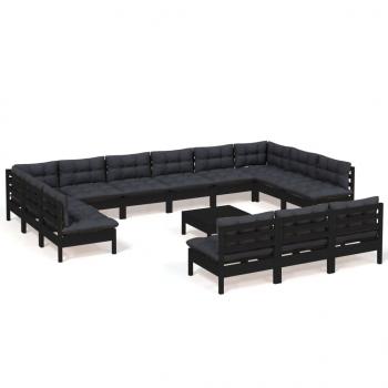 14-tlg. Garten-Lounge-Set mit Kissen Schwarz Massivholz Kiefer