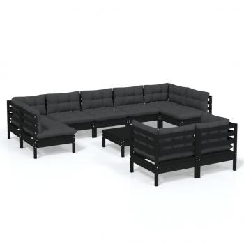 10-tlg. Garten-Lounge-Set mit Kissen Schwarz Massivholz Kiefer