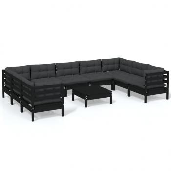 10-tlg. Garten-Lounge-Set mit Kissen Schwarz Kiefernholz