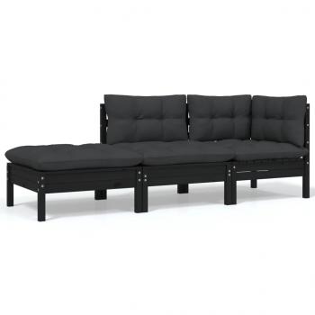 ARDEBO.de - 3-tlg. Garten-Lounge-Set mit Kissen Schwarz Kiefer Massivholz